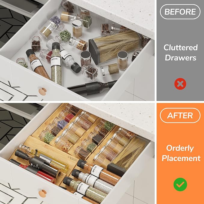 AMBIRD Bamboo Spice Drawer Organizer with Non-slip Mat,4 Tier - 2 Set Jar Spice Rack Tray From 12''to 24'',Hold up 48 Jars Seasoning Organizer for Kitchen,Cabinet,Drawers,Countertop - Image 6