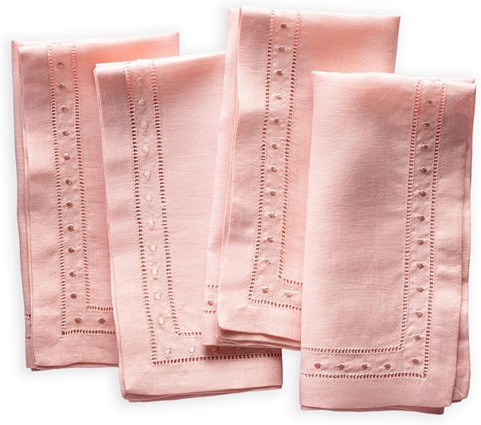 Linen Napkins Set of 4-100% Flax Linen Blush Pink Dinner Napkins with Embroidered Dot 18 x 18 inch - Hemstitch Cloth Napkins Washable for Easter and Spring Decor by OlucioAuthentiqueHome
