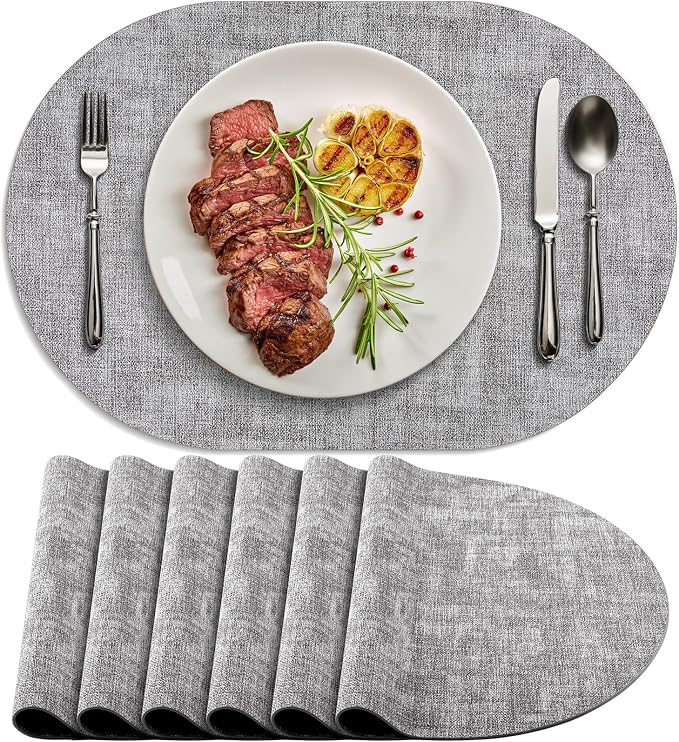 Placemats for Dining Table Set of 6 Non-Slip, Heat Resistant Oval Leather Placemat Double Layer, Waterproof Table Mats Easy to Clean for Kitchen Dining Room Coffee Office Table, Grey by Delicateandelegantplacemats