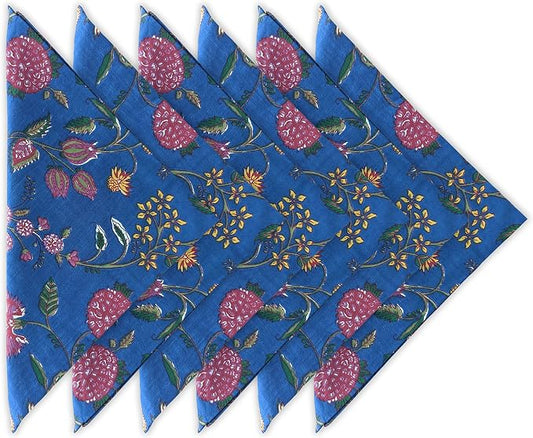 Craftbot Cotton Print Dinner Napkins 18x18 inches - Washable Cloth Napkins Set of 6 - Everyday Use or Dinner Party and Events - Blue Floral Indian Block Printed Fabric by AVKAStudio