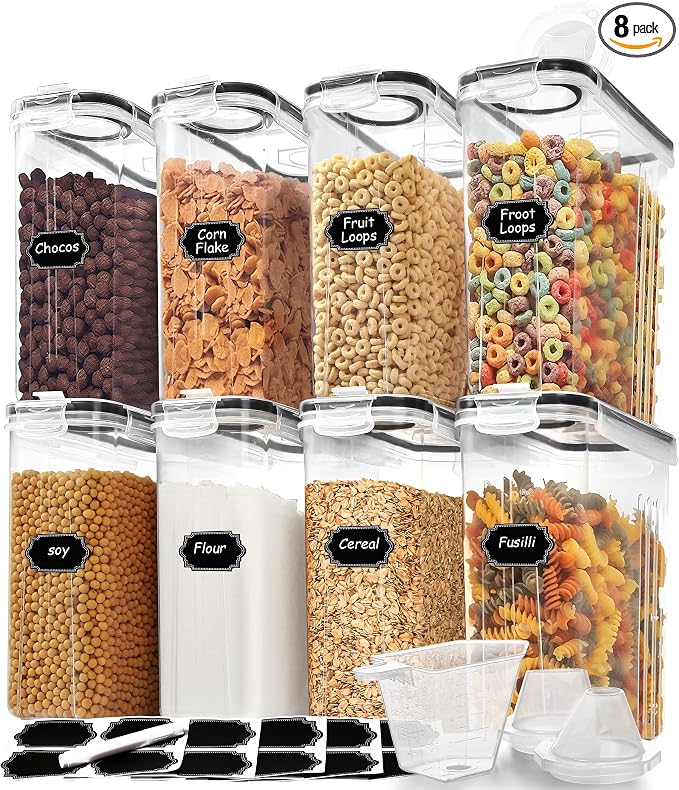 Skroam 8PCS Cereal Containers Storage [4L/135.2 oz], Airtight Food Storage Containers with Pour Spout for Kitchen & Pantry Organization Storage, Plastic Cereal Dispensers, Measuring Cup & 20 Labels by Skroam