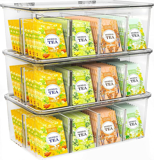 Utopia Home Tea Bag Organizer with Lids, Stackable Tea Box, 3 Pack, Clear | Partition Organizers with Lids For Drawers, Countertops, Fridge, Kitchen, Snack & Spice Organization by UTOPIAHOME