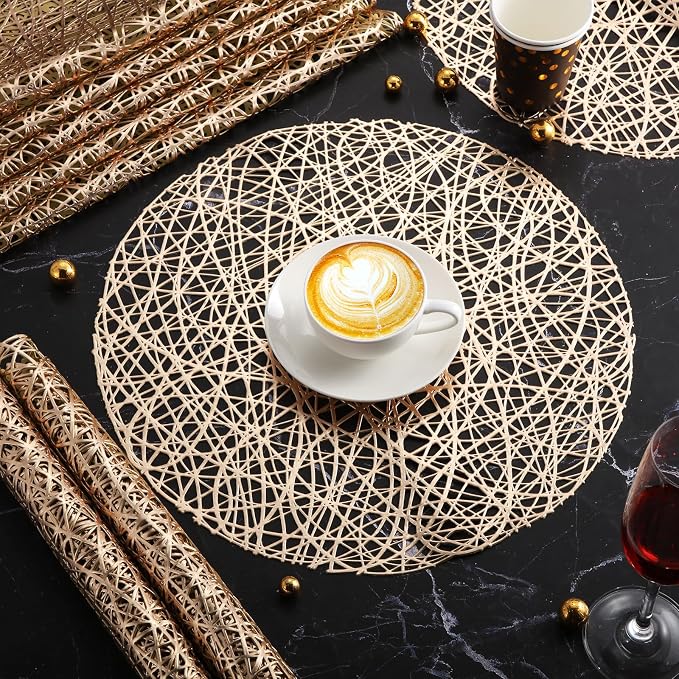 Sieral 60 Packs Gold Round Placemats 15 Inch Hollow Out Pressed Vinyl Place Mats Heat Resistant Woven Gold Placemats for Christmas Dinner Table Winter Holiday Party Wedding Centerpiece Decoration - Image 4
