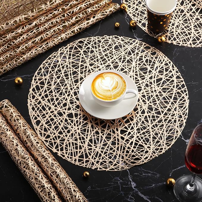 Sieral 24 Packs Gold Round Placemats 15 Inch Hollow Out Pressed Vinyl Place Mats Heat Resistant Woven Gold Placemats for Christmas Dinner Table Winter Holiday Party Wedding Centerpiece Decoration - Image 4