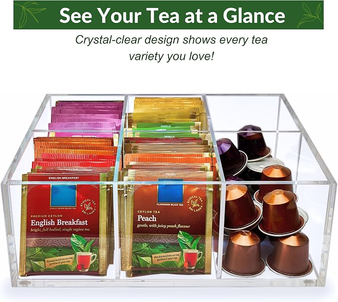 Heavy-Duty Acrylic Tea Bag Organizer, 6-Compartment Storage Box | Perfect Organizer: 6-compartment design keeps tea bags and coffee pods neatly sorted, saving space on your countertop - Image 7