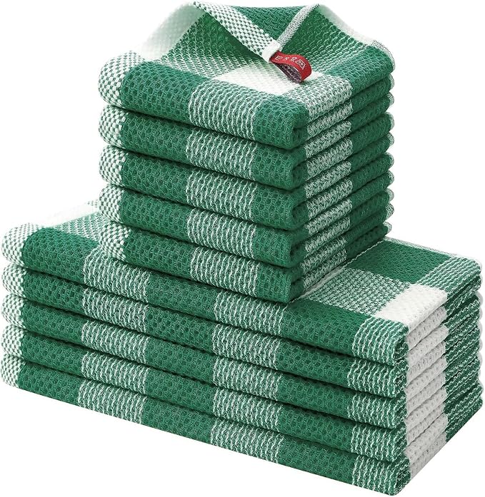 Homaxy Kitchen Towels and Dishcloths Set, Set of 10, White & Dark Green | Bulk Cotton Waffle Weave Check Plaid Kitchen Towels, Super Soft and Absorbent Dish Cloths, 12 x 12 and 13 x 28 Inches by Homaxy