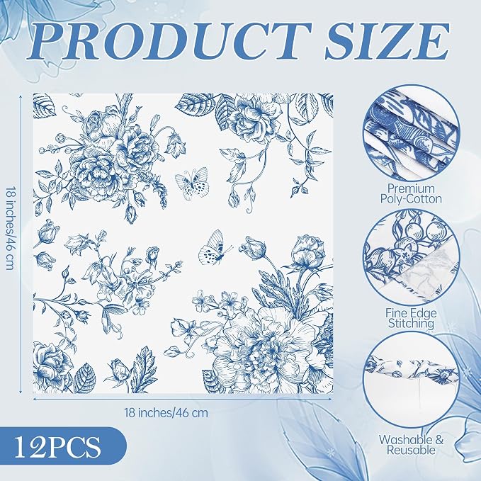Kochorie 12 Pieces Blue Floral Cloth Napkins, 18 x 18 Inch Reusable Soft Fabric Napkins, Washable Flower Dinner Cocktail Napkin for Spring Summer Tea Party Holiday Home Kitchen Wedding Restaurant - Image 2