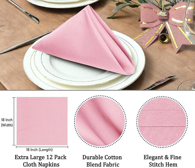 Ruvanti Cloth Napkins Set of 12, 18x18 Inches Napkins Cloth Washable, Soft, Durable, Absorbent, Cotton Blend. Table Dinner Napkins Cloth for Hotel, Christmas, Dinner, Parties - Pink - Image 3