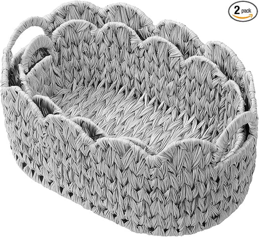 Coeusy Wicker Scalloped Basket Set of 2,Woven Storage Baskets for Shelves,Closet,Laundry,Gift,Towels,Books,Toys,Waterproof Cute Decor Basket for Organizing,Grey by WEAVECOMFORTINTOEVERYCORNER