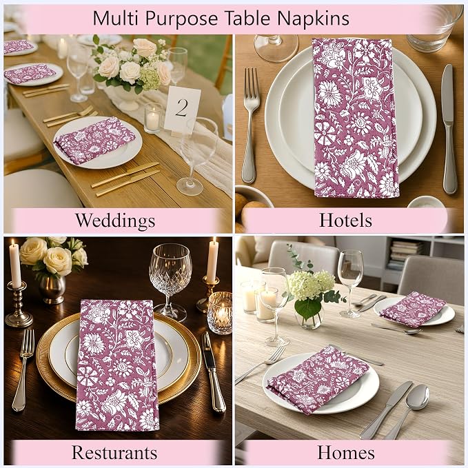 Mauve Vine Garden Hand Block Print 100% Cotton Napkins 18" x 18" (Set of 4) Reuseable Kitchen Napkins Cloth Decor Dinner Party Wedding Cocktail Gift for Spring, Easter, Summer - Image 8