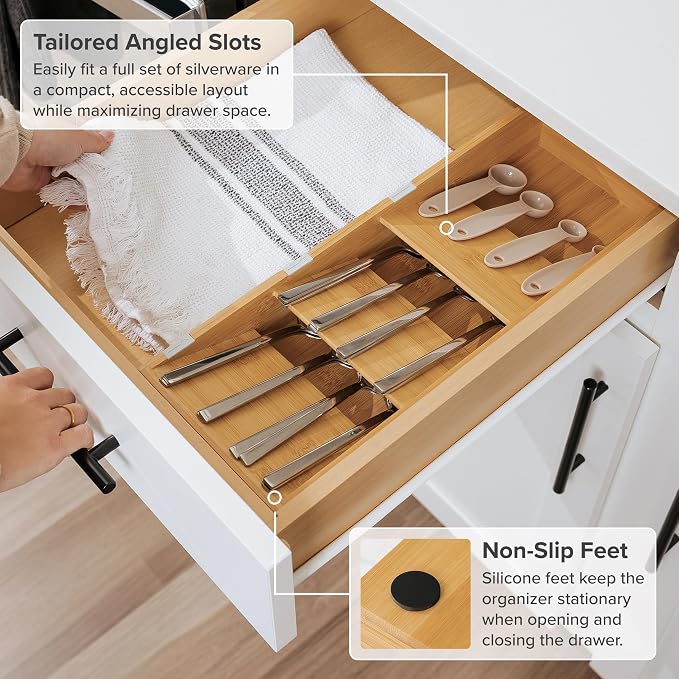 Slanted Cutlery & Flatware Organizer, Bamboo | 3-compartment slanted design, labeled slots, non-slip feet, sustainable bamboo - Image 6