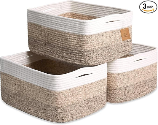 NaturalCozy Storage Baskets 16.8”x13”x7.6” Cotton Rope Woven Baskets for Organizing 3-Pack | Toy Storage Bins | Basket for Shelves, Laundry, Blanket, Clothes, Closet, Kitchen, Bathroom, Gifts by NaturalCozy