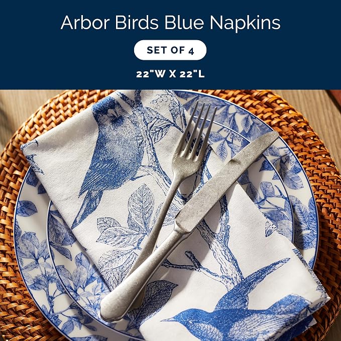 Arbor Birds Blue Napkins Set of 4 | 100% Cotton Cloth Set for Entertaining or Everyday Table | Perfect for Wedding, Birthday, Christmas Blue and White, 22 Inch Square - Image 2
