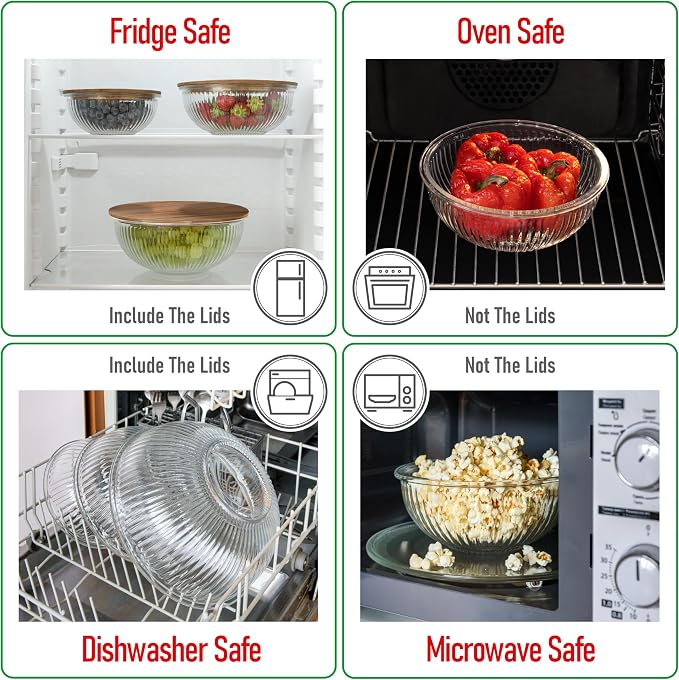 Set of 3 Stackable Space-Saving Nesting Glass Salad Bowls with Acacia Lids for Foodprep, Storage, Baking, Mixing & Cooking - Microwave Safe Durable Inert Borosilicate Glass - Image 6