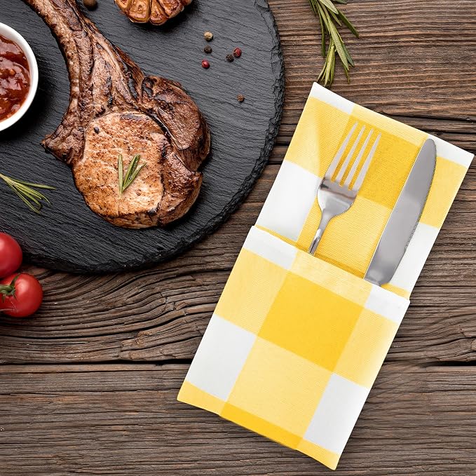 Buffalo Plaid Table Napkins Set of 50 Checkered Cloth Napkins 17x17 inch Washable Dinner Gingham Pattern Napkins Soft Napkins for Wedding Party Dining Banquet(Yellow and White) - Image 6