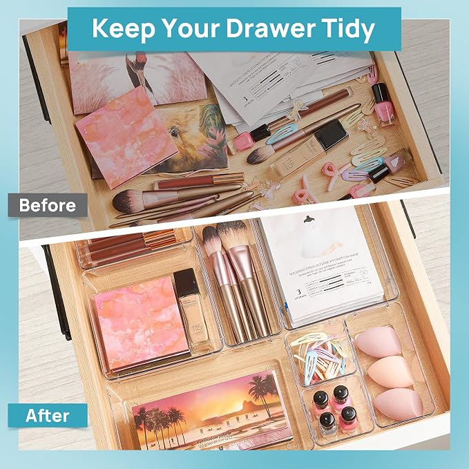 Vtopmart 25 PCS Clear Plastic Drawer Organizers Set, 4-Size Versatile Bathroom and Vanity Drawer Organizer Trays, Storage Bins for Makeup, Bedroom, Kitchen Gadgets Utensils and Office | 4-Size Versatile Makeup Organizer, Storage Containers Small Bins f... - Image 2