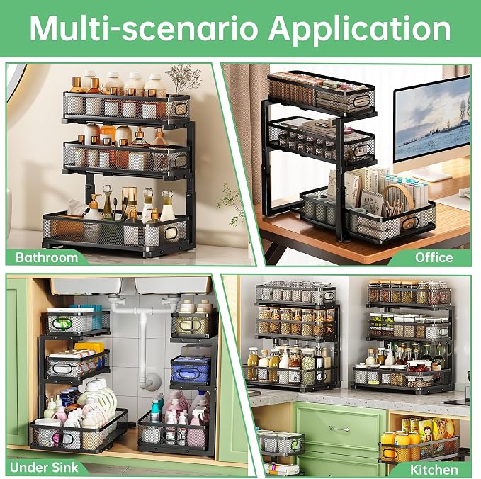 2-Pack 3-Tier Under Sink Organizer, Slide Out Cabinet Storage, Kitchen/Bath | 2-Pack Value Set, Height Adjustable, Carbon Steel Holds 60 lbs Each, Fits Kitchen & Bathroom Vanity Simultaneously - Image 7