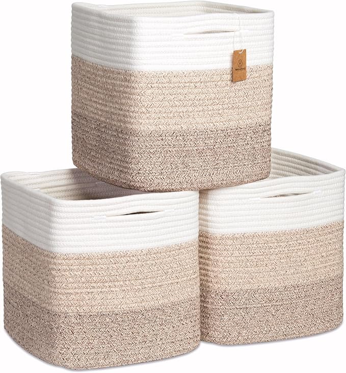 NaturalCozy Storage Cubes 11 Inch Cotton Rope Woven Baskets for Organizing, 3-Pack | Cube Storage Bin | Square Storage Baskets for Shelves Organizer, Classroom, Kids Toy Bins, Closet, Baby Nursery by NaturalCozy