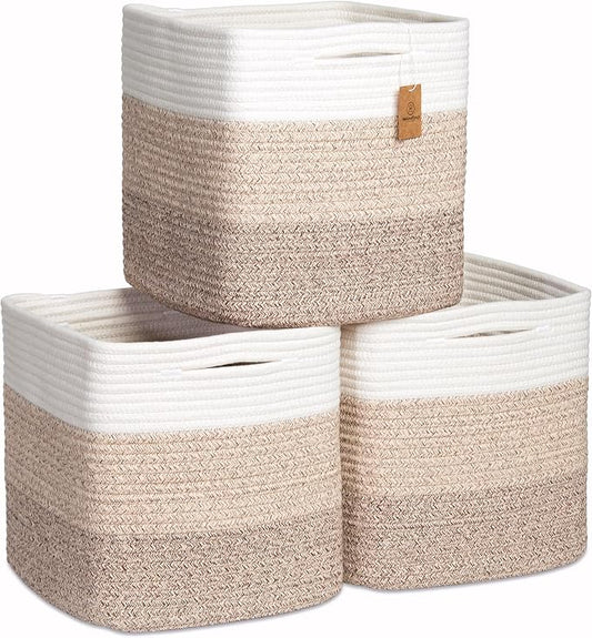 NaturalCozy Storage Cubes 11 Inch Cotton Rope Woven Baskets for Organizing, 3-Pack | Cube Storage Bin | Square Storage Baskets for Shelves Organizer, Classroom, Kids Toy Bins, Closet, Baby Nursery by NaturalCozy
