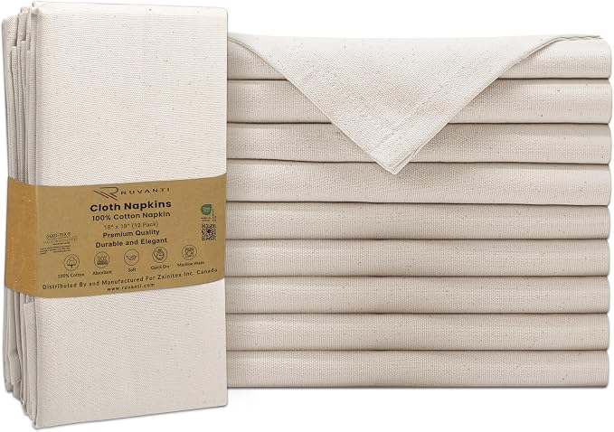 Ruvanti Cloth Napkins Set of 12, 100% Cotton High GSM 18x18 Inches Soft, Washable, Highly Durable & Absorbent, Perfect for Parties, Christmas, Thanksgiving Dinners – Natural Color by Ruvanti