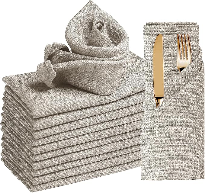 BALCONY & FALCON Rectangle Table Cloth Waterproof Beige 17.7"x17.7" 12pcs | Cloth Napkins Set of 12 Washable Linen Napkins Absorbent Wrinkle-Free Fabric Napkin Bulk for Dinner Wedding Party Christmas by BALCONYFALCON
