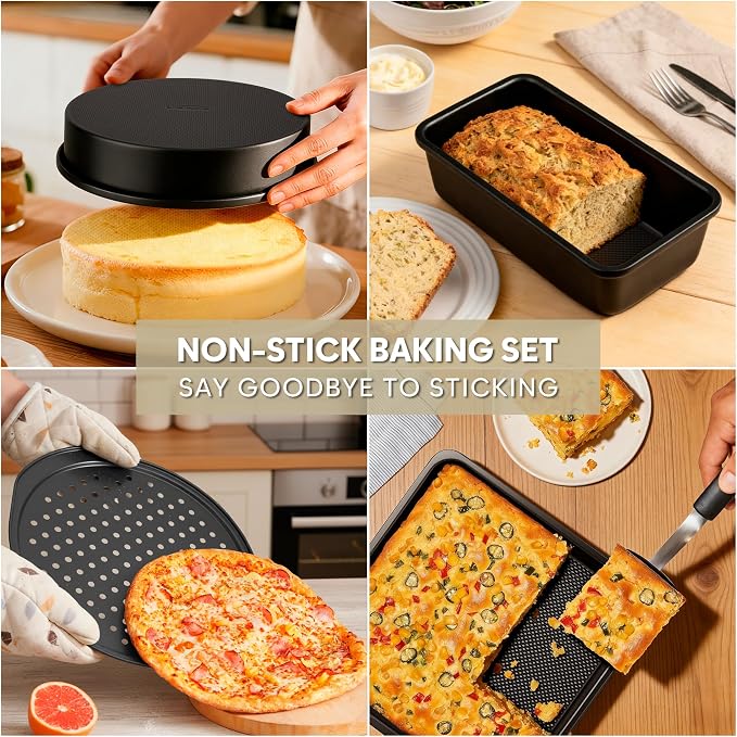 10-Piece Nonstick Bakeware Set, 0.8MM Thick Carbon Steel Baking Pan Set for Oven with Cookie Sheet, Muffin Pan, Pizza Pan, Loaf Pan and Cooling Rack, Stackable Kitchen Baking Set, PFOA/PTFE Free - Image 4