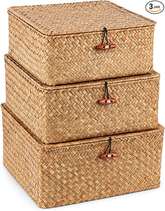 Square Handwoven Seagrass Wicker Storage Baskets with Lids, Set of 3 | Attached lids and internal iron frames help each basket hold its shape; compatible with IKEA KALLAX cube shelving. by SHEYRAJIIA
