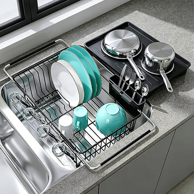 JASIWAY Black Dish Drying Rack in Sink with Drainboard and Utensil Holder | Use Over the Sink or Counter, Stainless Steel Expandable Dish Drainer for Small Kitchen, Space Saving, Fast Drain, Rustproof by JASIWAY