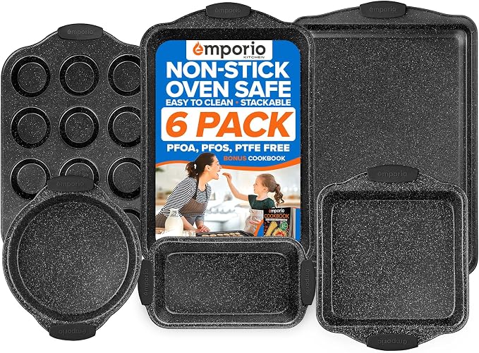 Emporio Kitchen Baking Pan Set - Nonstick Coating, Carbon Steel Bakeware Sets with Gray Silicone Handles, PFOA, PFOS, PTFE Free, Recipe Booklet Included, Oven Safe Tray (Up To 450° F), Set of 6 - Gray by Unknown