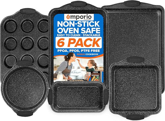 Emporio Kitchen Baking Pan Set - Nonstick Coating, Carbon Steel Bakeware Sets with Gray Silicone Handles, PFOA, PFOS, PTFE Free, Recipe Booklet Included, Oven Safe Tray (Up To 450° F), Set of 6 - Gray by Unknown