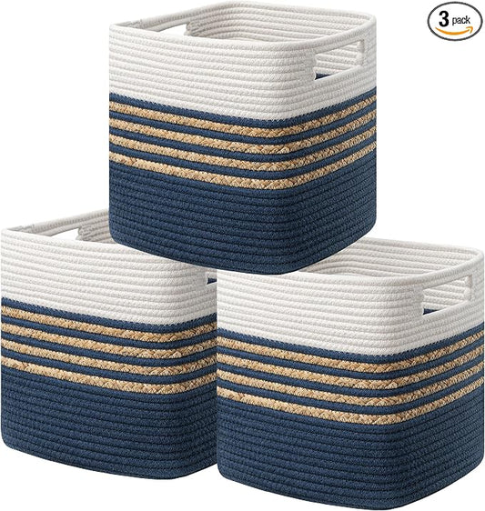 UBBCARE Set of 3 Storage Cubes 13 X 13 X 13 in, Water Hyacinth Storage Bins for shelves, Book, Storage Baskets with Handles, Cotton Rope Woven Baskets for Organizing, Blue by UBBCARE