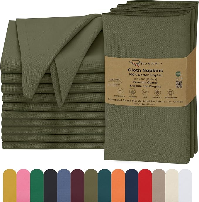 Ruvanti Cloth Napkins Set of 12, 18x18 Inches, 100% Cotton, Washable, Soft & Absorbent, Perfect for Wedding, Christmas, ‎Thanksgiving Dinners - Capulet Olive by Ruvanti