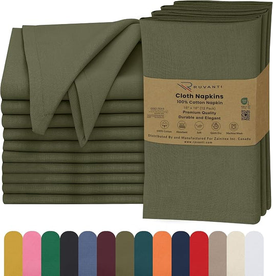 Ruvanti Cloth Napkins Set of 12, 18x18 Inches, 100% Cotton, Washable, Soft & Absorbent, Perfect for Wedding, Christmas, ‎Thanksgiving Dinners - Capulet Olive by Ruvanti