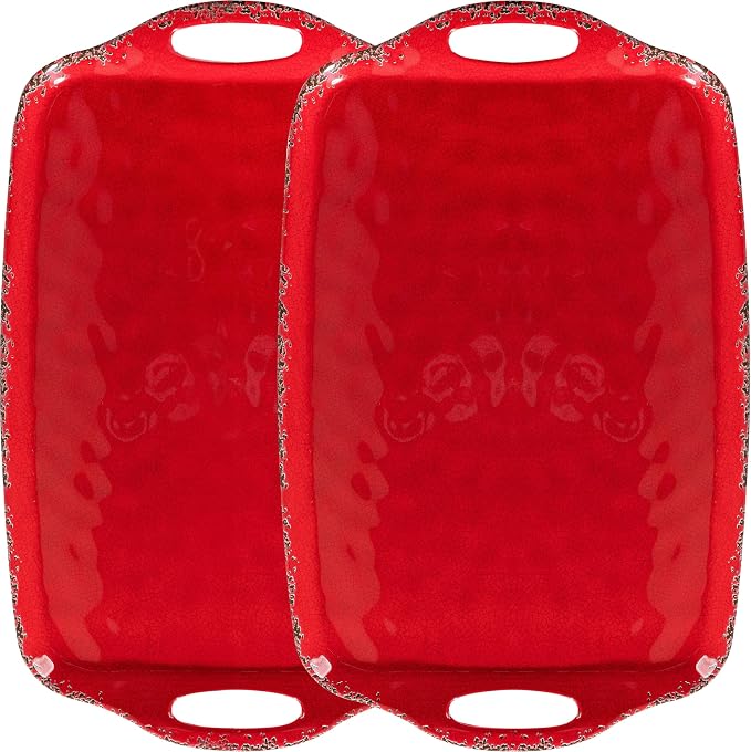 Christmas Large Melamine Serving Tray with Handle, Crackled Rustic Rectangle Melamine Serving Platter for Serving Food, Coffee Table Tray, Entertaining & Party Use, Set of 2, Christmas Red by ZAROCRUS