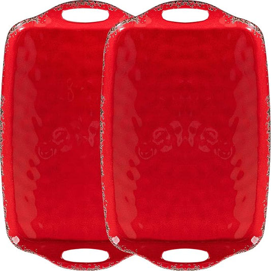 Christmas Large Melamine Serving Tray with Handle, Crackled Rustic Rectangle Melamine Serving Platter for Serving Food, Coffee Table Tray, Entertaining & Party Use, Set of 2, Christmas Red by ZAROCRUS