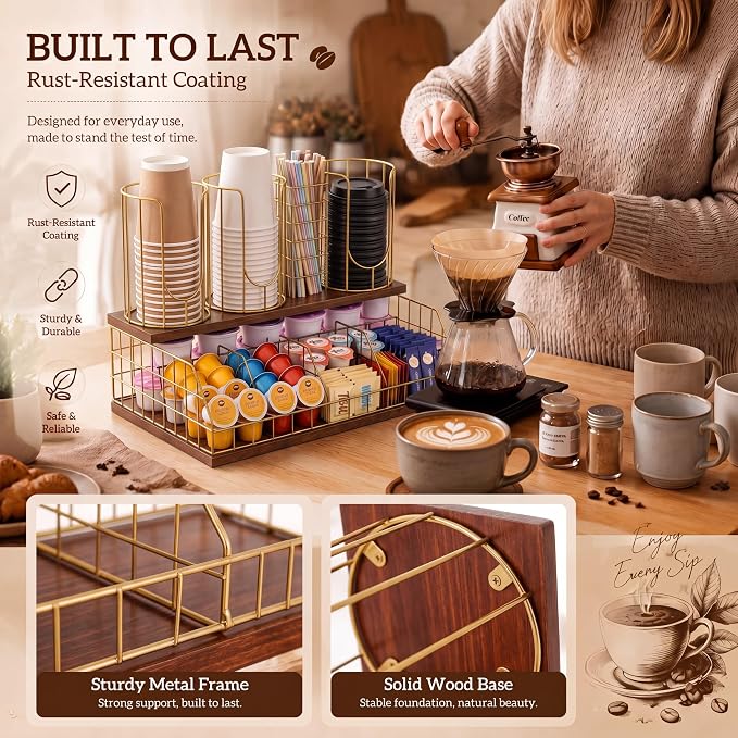 Coffee Cup and Lids Organizer with 4-compartment Double Layer, Cup and Lid Holder for Coffee Pod Straw and Lid Storage, Fits 4-20 oz Cups, Max Accommodable Dia 3.9 in - Image 6