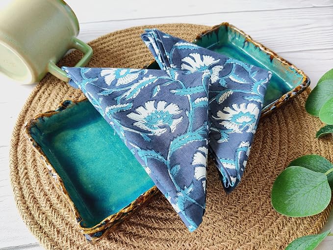 Cotton Print Dinner Napkins 18x18 inches - Washable Cloth Napkins Set of 6 - Everyday Use or Dinner Party and Events - Indigo Blue Block Printed Soft Fabric by Craftbot - Image 2