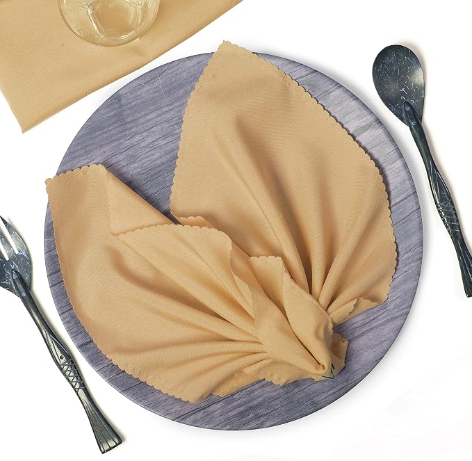 Pack of 50 Polyester Napkins 17 x 17 Inch Square with Scalloped Edge, Plain Washable Reusable Dining Table Cloth Napkin for Wedding Party Banquet Home Restaurant Bistro Decoration - Champagne by MDS