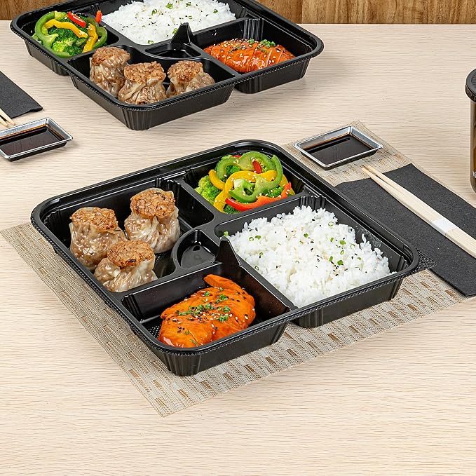 Restaurantware-Bento Tek 39.6 Ounce Meal Prep Containers, 100 Disposable To Go Food Boxes - Lids Sold Separately, 5 Compartments, Black Plastic Bento Lunch Boxes, Microwavable, Freezable - Image 3