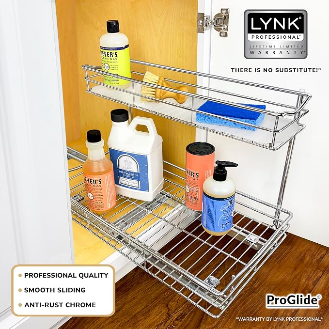 LYNK PROFESSIONAL® Pull Out Under Sink Kitchen Cabinet Organizer - 11.5 in. x 18 inch deep Drawer - Sliding Shelf Organizer for Cabinets and Undersink Storage Shelves - Lifetime Ltd. Warranty – Chrome - Image 2