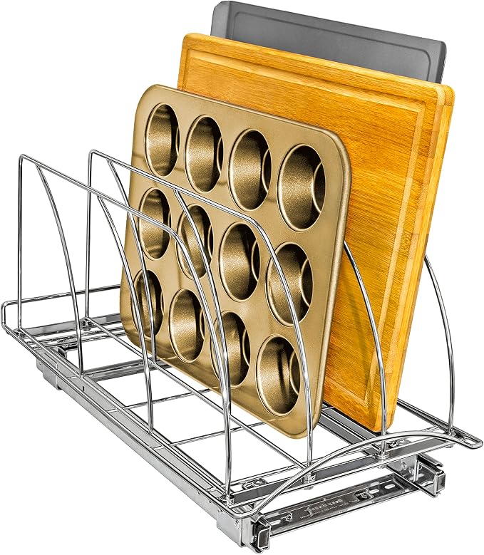 LYNK PROFESSIONAL® Pull Out Cookie Sheet Organizer for Cabinet – Baking Sheet Organizer – Sheet Pan Organizer - Lifetime Ltd. Warranty – 10” x 21” Deep Inside Cabinet, Chrome by LYNKPROFESSIONAL
