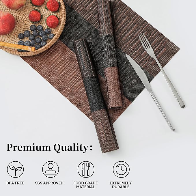 Leetaltree Brown with Black Striped Placemats Set of 4 - Heat Resistant Non-Slip Place mats for Dining Table, Washable Durable PVC Vinyl Woven Table Mats（Brown Stripe, 4） - Image 2