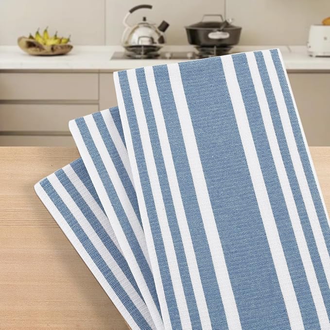 Homaxy Premium Cotton Stripe Kitchen Towels 3 Pack, 18"x 28", Navy Blue | Large 380 GSM Kitchen Hand Towels, Soft Terry Dish Towels, Highly Absorbent Tea Towel Set with Hanging Loop - Image 7