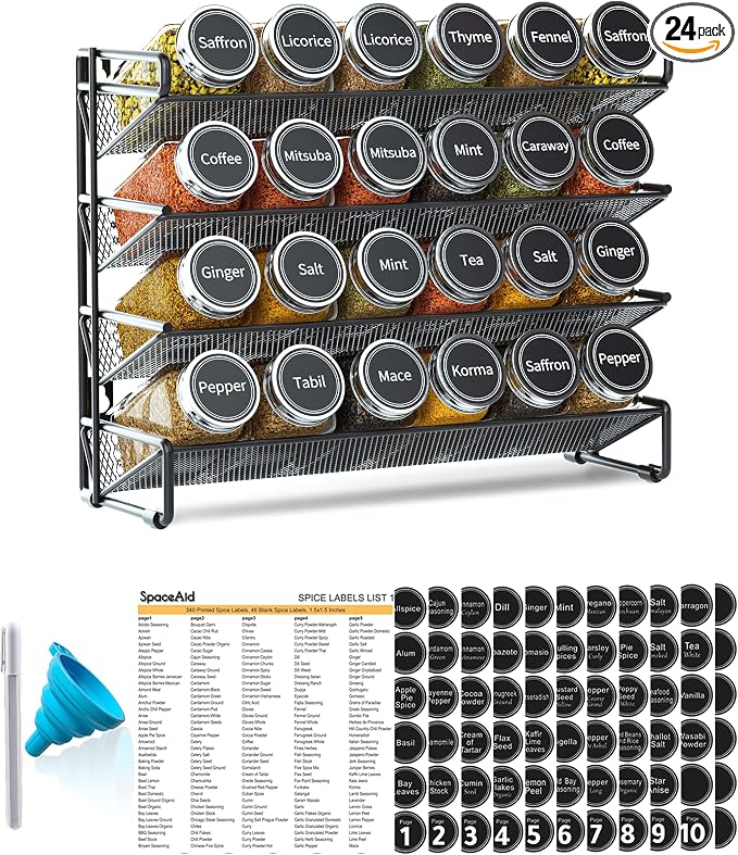 SpaceAid Spice Rack Organizer with 24 Spice Jars, 386 Spice Labels, Chalk Marker and Funnel Set for Cabinet, Countertop, Pantry, Cupboard or Door & Wall Mount -24 Jars, 11.8" W × 10.8" H, Black by SpaceAid