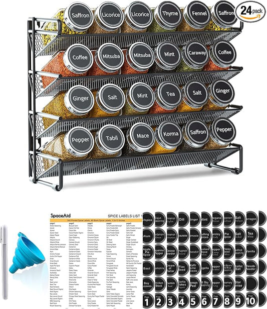 SpaceAid Spice Rack Organizer with 24 Spice Jars, 386 Spice Labels, Chalk Marker and Funnel Set for Cabinet, Countertop, Pantry, Cupboard or Door & Wall Mount -24 Jars, 11.8" W × 10.8" H, Black by SpaceAid