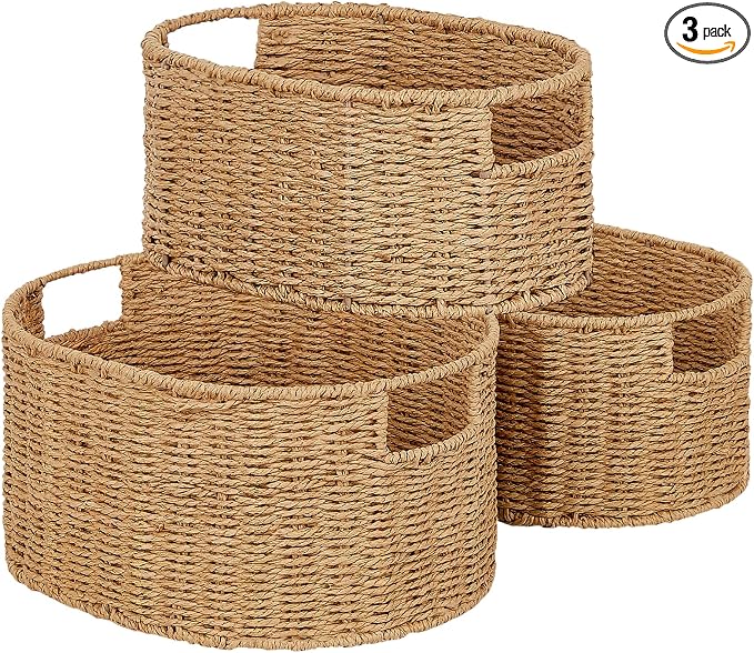 Wicker Storage Basket, Set of 3 Hand-woven Storage Baskets for Organizing, Round Large Wicker Baskets for Storage Decor, Pantry Storage Cubes Organization Baskets for Shelves, Natural by Vagusicc