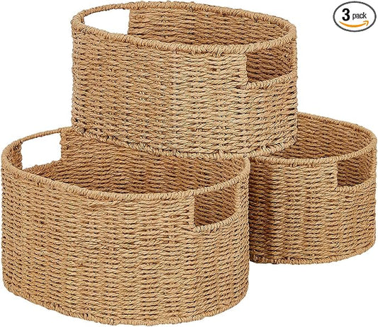 Wicker Storage Basket, Set of 3 Hand-woven Storage Baskets for Organizing, Round Large Wicker Baskets for Storage Decor, Pantry Storage Cubes Organization Baskets for Shelves, Natural by Vagusicc
