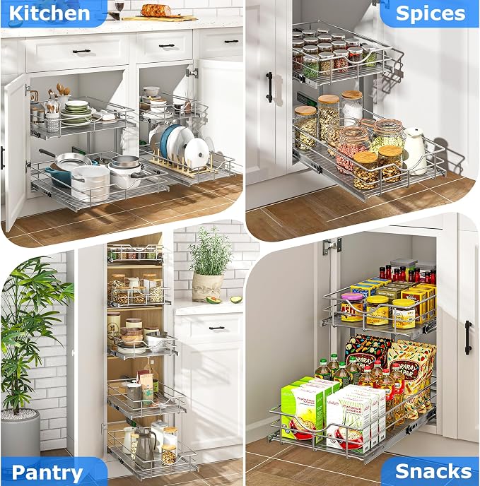 WelFurGeer 2-Tier Kitchen Cabinet Pullout Shelf and Drawer Organizer, Soft Close Pantry Pull Out Shelves, Heavy Duty Pull Out Cabinet Organizer with Shelf Liner for Kitchen Cabinets, Pantry Storage - Image 7