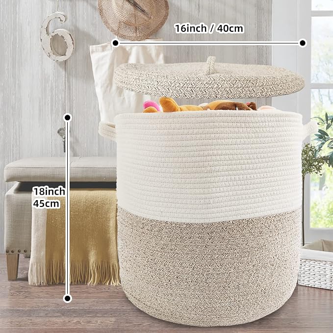 Large Storage Basket with Lid 60L, 16"Wx18"H Woven Laundry Hamper Basket with Handle, Room Decor Cotton Rope Wicker Basket Toy Organizer Bins for Clothes Blankets Pillows, Beige/White Mix includes Lid - Image 2