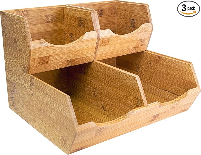 HOMESTEAD Bamboo Pantry Storage Bins – Stackable Potato & Onion Storage Bin for Kitchen Countertop, Pantry Organizer, Fruit Vegetable Basket, Multiuse - Set of 3 Slide-Out Access by Homestead
